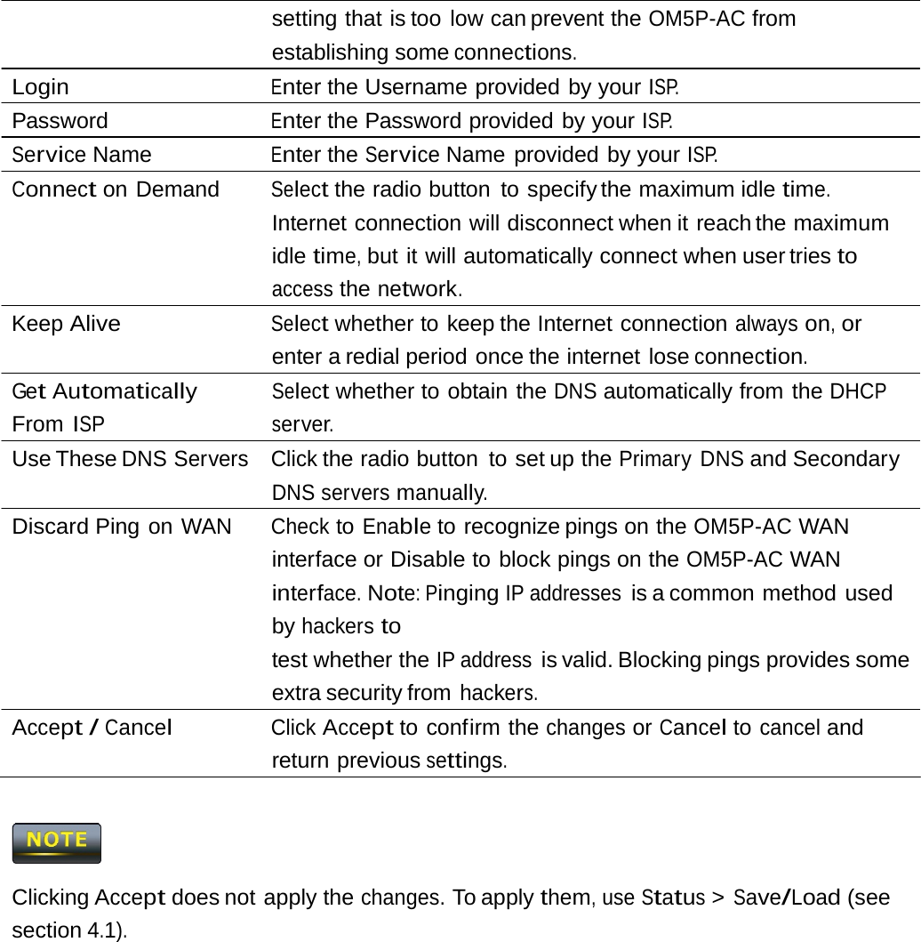 setting that is too low can prevent the OM5P-AC from establishing some connections. Login  Enter the Username provided by your ISP. Password  Enter the Password provided by your ISP. Service Name  Enter the Service Name provided by your ISP. Connect on Demand  Select the radio button to specify the maximum idle time. Internet connection will disconnect when it reach the maximum idle time, but it will automatically connect when user tries to access the network. Keep Alive  Select whether to keep the Internet connection always on, or enter a redial period once the internet lose connection. Get Automatically From ISP Select whether to obtain the DNS automatically from the DHCP server. Use These DNS Servers  Click the radio button  to set up the Primary DNS and Secondary DNS servers manually. Discard Ping on WAN  Check to Enable to recognize pings on the OM5P-AC WAN interface or Disable to block pings on the OM5P-AC WAN interface. Note: Pinging IP addresses is a common method  used by hackers to test whether the IP address is valid. Blocking pings provides some extra security from hackers. Accept / Cancel Click Accept to confirm the changes or Cancel to cancel and return previous settings.  Clicking Accept does not apply the changes. To apply them, use Status &gt; Save/Load (see section 4.1). 