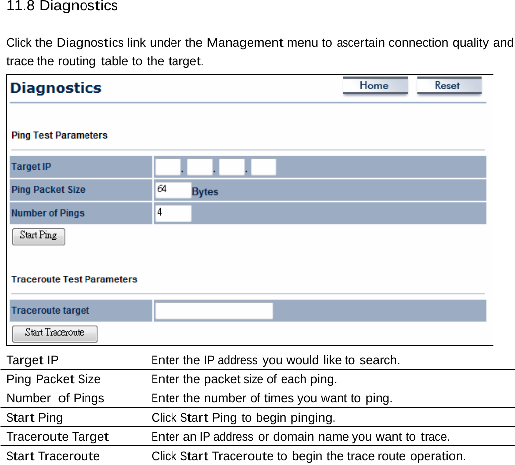 11.8 Diagnostics Click the Diagnostics link under the Management menu to ascertain connection quality and trace the routing  table to  the target. Target IP Enter the IP address you would like to search. Ping Packet Size Enter the packet size of each ping. Number  of Pings  Enter the number of times you want to ping. Start Ping  Click Start Ping to begin pinging. Traceroute Target Enter an IP address or domain name you want to trace. Start Traceroute Click Start Traceroute to begin the trace route operation. 