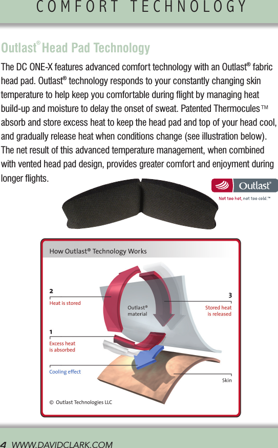 COMFORT TECHNOLOGY               4  WWW.DAVIDCLARK.COM  Outlast® Head Pad TechnologyThe DC ONE-X features advanced comfort technology with an Outlast® fabric head pad. Outlast® technology responds to your constantly changing skin temperature to help keep you comfortable during ﬂight by managing heat build-up and moisture to delay the onset of sweat. Patented Thermocules™ absorb and store excess heat to keep the head pad and top of your head cool, and gradually release heat when conditions change (see illustration below). The net result of this advanced temperature management, when combined with vented head pad design, provides greater comfort and enjoyment during longer ﬂights.  