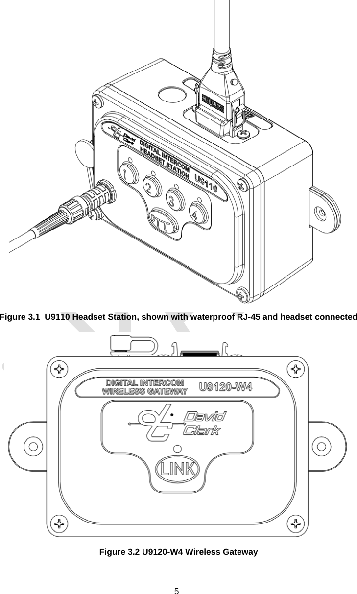  5   Figure 3.1  U9110 Headset Station, shown with waterproof RJ-45 and headset connected   Figure 3.2 U9120-W4 Wireless Gateway 