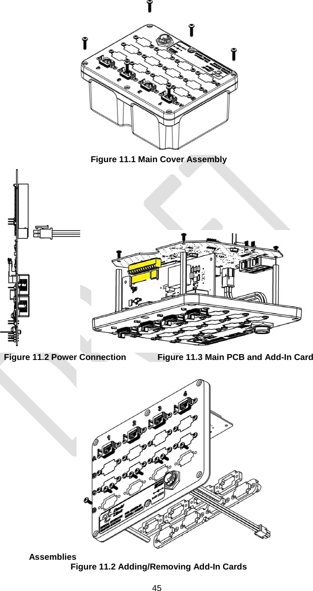  45   Figure 11.1 Main Cover Assembly     Figure 11.2 Power Connection   Figure 11.3 Main PCB and Add-In Card Assemblies  Figure 11.2 Adding/Removing Add-In Cards
