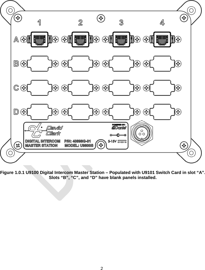  2          Figure 1.0.1 U9100 Digital Intercom Master Station – Populated with U9101 Switch Card in slot “A”.  Slots “B”, “C”, and “D” have blank panels installed.  