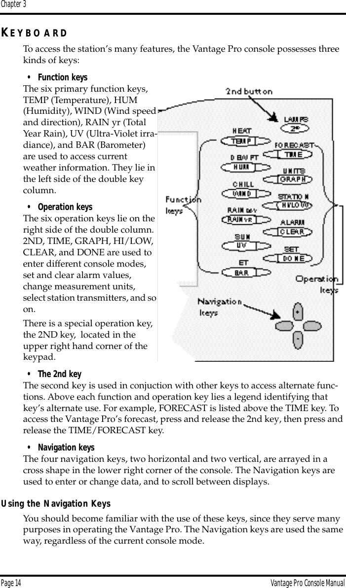 Chapter 3Page 14 Vantage Pro Console ManualKE Y B O A R DTo access the station’s many features, the Vantage Pro console possesses three kinds of keys:• Function keysThe six primary function keys, TEMP (Temperature), HUM (Humidity), WIND (Wind speed and direction), RAIN yr (Total Year Rain), UV (Ultra-Violet irra-diance), and BAR (Barometer)  are used to access current weather information. They lie in the left side of the double key column. • Operation keysThe six operation keys lie on the right side of the double column.  2ND, TIME, GRAPH, HI/LOW, CLEAR, and DONE are used to enter different console modes, set and clear alarm values, change measurement units, select station transmitters, and so on.There is a special operation key, the 2ND key,  located in the upper right hand corner of the keypad.• The 2nd keyThe second key is used in conjuction with other keys to access alternate func-tions. Above each function and operation key lies a legend identifying that key’s alternate use. For example, FORECAST is listed above the TIME key. To access the Vantage Pro’s forecast, press and release the 2nd key, then press and release the TIME/FORECAST key. • Navigation keysThe four navigation keys, two horizontal and two vertical, are arrayed in a cross shape in the lower right corner of the console. The Navigation keys are used to enter or change data, and to scroll between displays.Using the Navigation KeysYou should become familiar with the use of these keys, since they serve many purposes in operating the Vantage Pro. The Navigation keys are used the same way, regardless of the current console mode. 