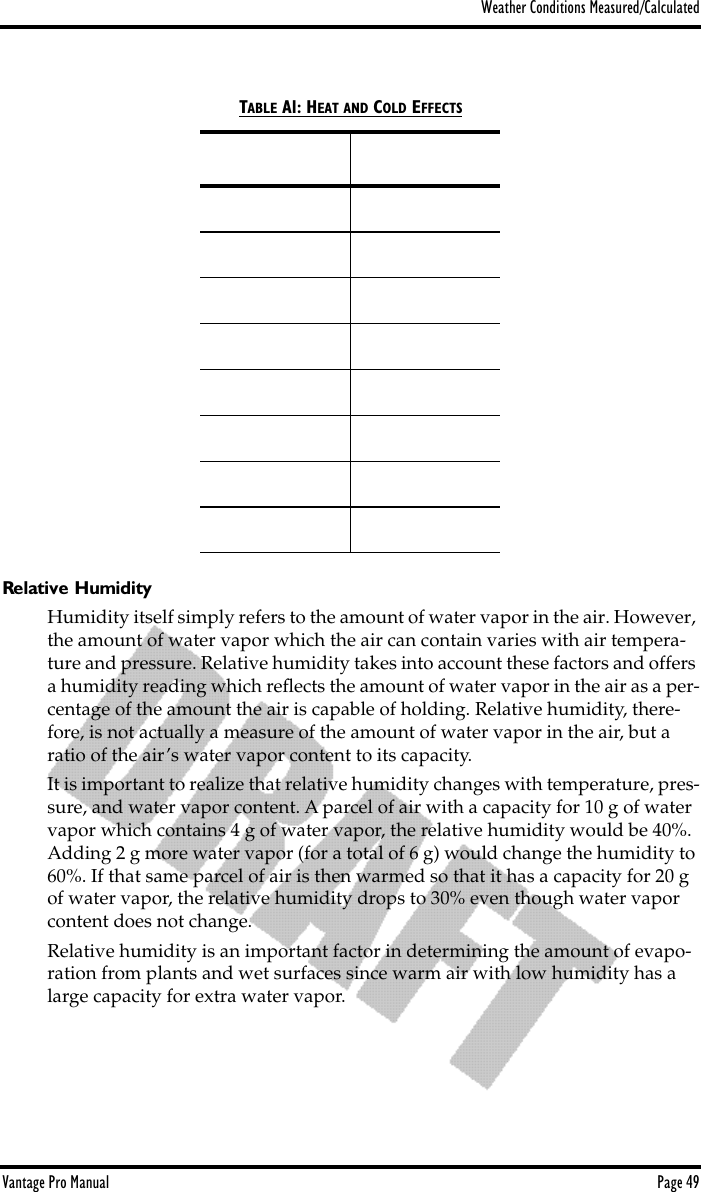 Weather Conditions Measured/CalculatedVantage Pro Manual  Page 49Relative HumidityHumidity itself simply refers to the amount of water vapor in the air. However, the amount of water vapor which the air can contain varies with air tempera-ture and pressure. Relative humidity takes into account these factors and offers a humidity reading which reﬂects the amount of water vapor in the air as a per-centage of the amount the air is capable of holding. Relative humidity, there-fore, is not actually a measure of the amount of water vapor in the air, but a ratio of the air’s water vapor content to its capacity.It is important to realize that relative humidity changes with temperature, pres-sure, and water vapor content. A parcel of air with a capacity for 10 g of water vapor which contains 4 g of water vapor, the relative humidity would be 40%. Adding 2 g more water vapor (for a total of 6 g) would change the humidity to 60%. If that same parcel of air is then warmed so that it has a capacity for 20 g of water vapor, the relative humidity drops to 30% even though water vapor content does not change.Relative humidity is an important factor in determining the amount of evapo-ration from plants and wet surfaces since warm air with low humidity has a large capacity for extra water vapor.TABLE A1: HEAT AND COLD EFFECTS
