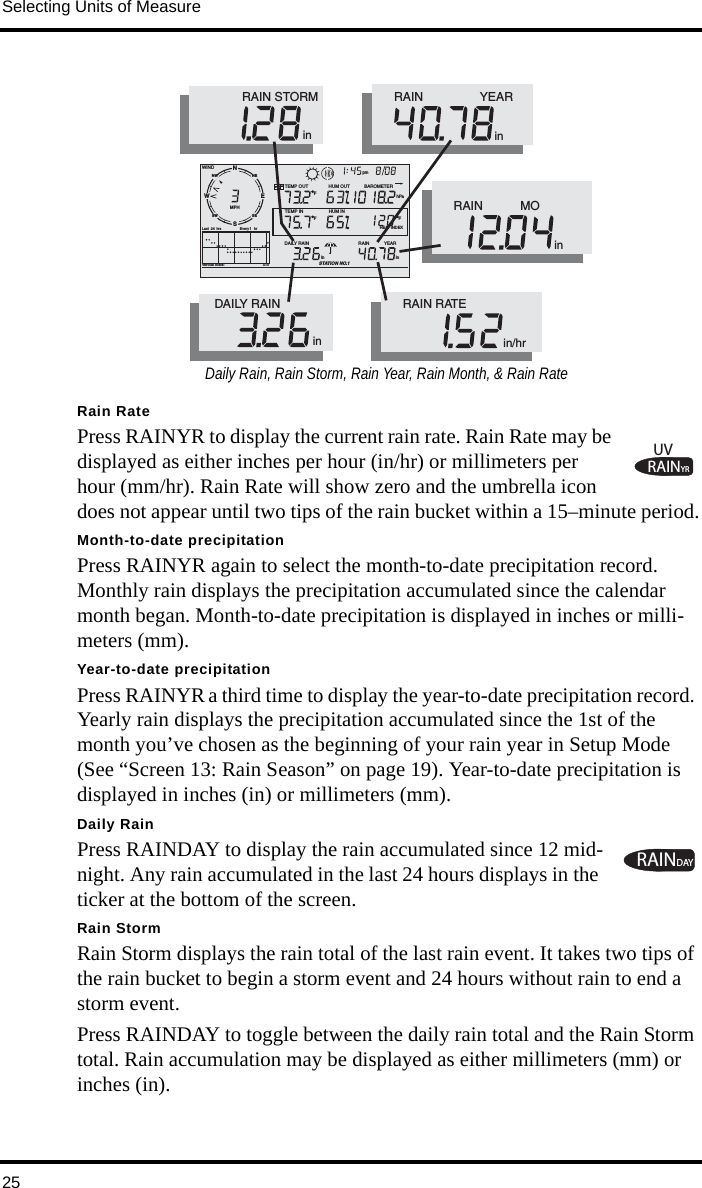 Selecting Units of Measure25Rain RatePress RAINYR to display the current rain rate. Rain Rate may be displayed as either inches per hour (in/hr) or millimeters per hour (mm/hr). Rain Rate will show zero and the umbrella icon does not appear until two tips of the rain bucket within a 15–minute period.Month-to-date precipitationPress RAINYR again to select the month-to-date precipitation record. Monthly rain displays the precipitation accumulated since the calendar month began. Month-to-date precipitation is displayed in inches or milli-meters (mm).Year-to-date precipitationPress RAINYR a third time to display the year-to-date precipitation record. Yearly rain displays the precipitation accumulated since the 1st of the month you’ve chosen as the beginning of your rain year in Setup Mode (See “Screen 13: Rain Season” on page 19). Year-to-date precipitation is displayed in inches (in) or millimeters (mm).Daily RainPress RAINDAY to display the rain accumulated since 12 mid-night. Any rain accumulated in the last 24 hours displays in the ticker at the bottom of the screen.Rain StormRain Storm displays the rain total of the last rain event. It takes two tips of the rain bucket to begin a storm event and 24 hours without rain to end a storm event.Press RAINDAY to toggle between the daily rain total and the Rain Storm total. Rain accumulation may be displayed as either millimeters (mm) or inches (in). NWNESESWVertical Scale:                                       X10WINDRAIN            YEARinTEMP OUTHUM INHUM OUTDAILY RAINinTEMP INhPaBAROMETERSTATION NO.1FFFMPHLast  24 hrs hrEvery 1 SENW pm       HEAT INDEXDAILY RAIN inRAIN RATEin/hr           RAIN STORMinRAIN                 YEARinRAIN           MOinDaily Rain, Rain Storm, Rain Year, Rain Month, &amp; Rain RateRAINYRUVRAINDAY