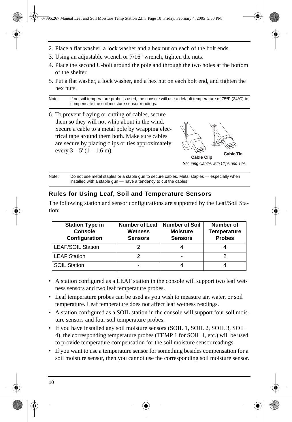 102. Place a flat washer, a lock washer and a hex nut on each of the bolt ends. 3. Using an adjustable wrench or 7/16&quot; wrench, tighten the nuts.4. Place the second U-bolt around the pole and through the two holes at the bottom of the shelter. 5. Put a flat washer, a lock washer, and a hex nut on each bolt end, and tighten the hex nuts. Note:  If no soil temperature probe is used, the console will use a default temperature of 75ºF (24ºC) to compensate the soil moisture sensor readings. 6. To prevent fraying or cutting of cables, secure them so they will not whip about in the wind. Secure a cable to a metal pole by wrapping elec-trical tape around them both. Make sure cables are secure by placing clips or ties approximately every 3 – 5&apos; (1 – 1.6 m).Note:  Do not use metal staples or a staple gun to secure cables. Metal staples — especially when installed with a staple gun — have a tendency to cut the cables.Rules for Using Leaf, Soil and Temperature SensorsThe following station and sensor configurations are supported by the Leaf/Soil Sta-tion:• A station configured as a LEAF station in the console will support two leaf wet-ness sensors and two leaf temperature probes.• Leaf temperature probes can be used as you wish to measure air, water, or soil temperature. Leaf temperature does not affect leaf wetness readings.• A station configured as a SOIL station in the console will support four soil mois-ture sensors and four soil temperature probes.• If you have installed any soil moisture sensors (SOIL 1, SOIL 2, SOIL 3, SOIL 4), the corresponding temperature probes (TEMP 1 for SOIL 1, etc.) will be used to provide temperature compensation for the soil moisture sensor readings. • If you want to use a temperature sensor for something besides compensation for a soil moisture sensor, then you cannot use the corresponding soil moisture sensor.Station Type in Console ConfigurationNumber of Leaf Wetness SensorsNumber of Soil Moisture SensorsNumber ofTemperature ProbesLEAF/SOIL Station 2 4 4LEAF Station 2 - 2SOIL Station - 4 4Cable Clip Cable TieSecuring Cables with Clips and Ties07395.267 Manual Leaf and Soil Moisture Temp Station 2.fm  Page 10  Friday, February 4, 2005  5:50 PM