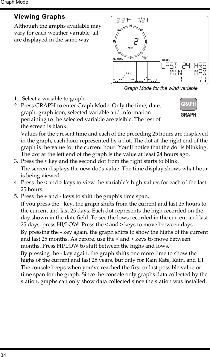 Graph Mode34Viewing GraphsAlthough the graphs available may vary for each weather variable, all are displayed in the same way.1.  Select a variable to graph.2. Press GRAPH to enter Graph Mode. Only the time, date, graph, graph icon, selected variable and information pertaining to the selected variable are visible. The rest of the screen is blank.Values for the present time and each of the preceding 25 hours are displayed in the graph, each hour represented by a dot. The dot at the right end of the graph is the value for the current hour. You’ll notice that the dot is blinking. The dot at the left end of the graph is the value at least 24 hours ago. 3. Press the &lt; key and the second dot from the right starts to blink. The screen displays the new dot’s value. The time display shows what hour is being viewed. 4. Press the &lt; and &gt; keys to view the variable’s high values for each of the last 25 hours. 5. Press the + and - keys to shift the graph’s time span.If you press the - key, the graph shifts from the current and last 25 hours to the current and last 25 days. Each dot represents the high recorded on the day shown in the date field. To see the lows recorded in the current and last 25 days, press HI/LOW. Press the &lt; and &gt; keys to move between days. By pressing the - key again, the graph shifts to show the highs of the current and last 25 months. As before, use the &lt; and &gt; keys to move between months. Press HI/LOW to shift between the highs and lows.By pressing the - key again, the graph shifts one more time to show the highs of the current and last 25 years, but only for Rain Rate, Rain, and ET.The console beeps when you’ve reached the first or last possible value or time span for the graph. Since the console only graphs data collected by the station, graphs can only show data collected since the station was installed.WIND GRAPHMPHamNSWENESENWSWGraph Mode for the wind variableGRAPH