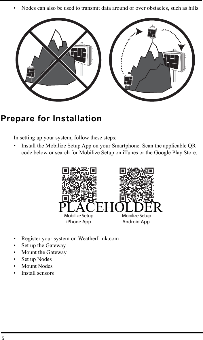 5• Nodes can also be used to transmit data around or over obstacles, such as hills.Prepare for InstallationIn setting up your system, follow these steps:• Install the Mobilize Setup App on your Smartphone. Scan the applicable QR code below or search for Mobilize Setup on iTunes or the Google Play Store.• Register your system on WeatherLink.com• Set up the Gateway• Mount the Gateway• Set up Nodes • Mount Nodes• Install sensors™™Mobilize Setup iPhone App Mobilize SetupAndroid App PLACEHOLDER