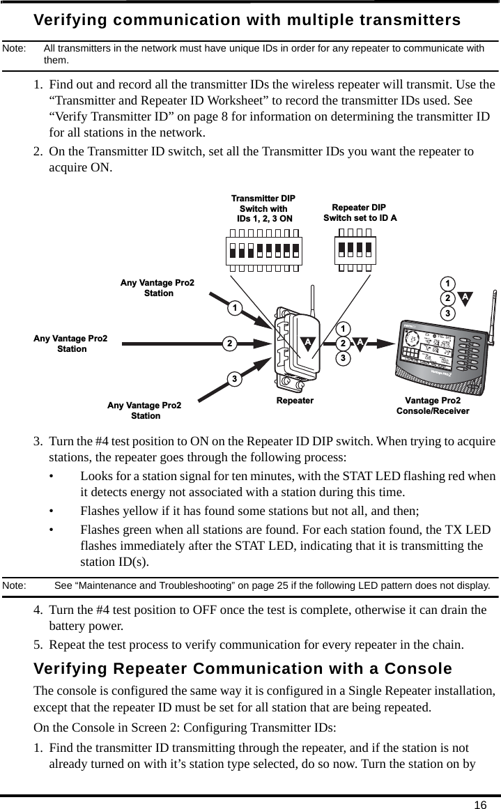 16Verifying communication with multiple transmittersNote:  All transmitters in the network must have unique IDs in order for any repeater to communicate with them.1. Find out and record all the transmitter IDs the wireless repeater will transmit. Use the “Transmitter and Repeater ID Worksheet” to record the transmitter IDs used. See “Verify Transmitter ID” on page 8 for information on determining the transmitter ID for all stations in the network.2. On the Transmitter ID switch, set all the Transmitter IDs you want the repeater to acquire ON.3. Turn the #4 test position to ON on the Repeater ID DIP switch. When trying to acquire stations, the repeater goes through the following process:• Looks for a station signal for ten minutes, with the STAT LED flashing red when it detects energy not associated with a station during this time.• Flashes yellow if it has found some stations but not all, and then;• Flashes green when all stations are found. For each station found, the TX LED flashes immediately after the STAT LED, indicating that it is transmitting the station ID(s).Note:  See “Maintenance and Troubleshooting” on page 25 if the following LED pattern does not display.4. Turn the #4 test position to OFF once the test is complete, otherwise it can drain the battery power.5. Repeat the test process to verify communication for every repeater in the chain.Verifying Repeater Communication with a ConsoleThe console is configured the same way it is configured in a Single Repeater installation, except that the repeater ID must be set for all station that are being repeated.On the Console in Screen 2: Configuring Transmitter IDs:1. Find the transmitter ID transmitting through the repeater, and if the station is not already turned on with it’s station type selected, do so now. Turn the station on by Repeater213A213213Vantage Pro2Console/ReceiverAAAny Vantage Pro2 StationAny Vantage Pro2 StationAny Vantage Pro2 StationTransmitter DIP Switch with IDs 1, 2, 3 ONRepeater DIP Switch set to ID A