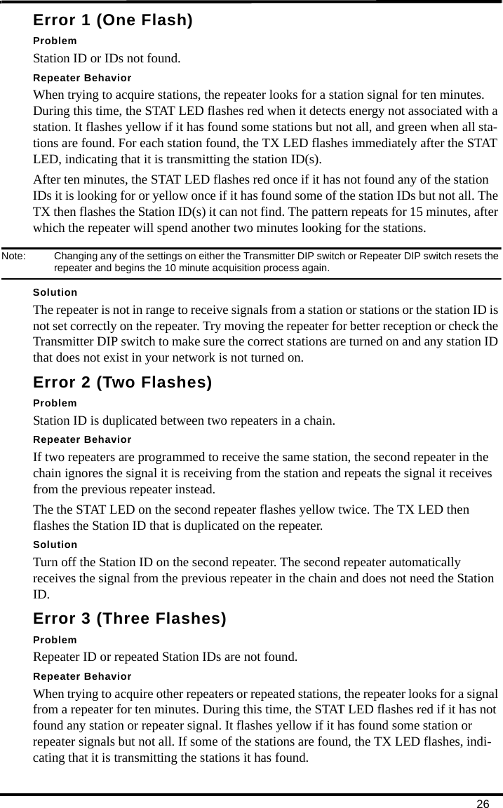 26Error 1 (One Flash)ProblemStation ID or IDs not found.Repeater BehaviorWhen trying to acquire stations, the repeater looks for a station signal for ten minutes. During this time, the STAT LED flashes red when it detects energy not associated with a station. It flashes yellow if it has found some stations but not all, and green when all sta-tions are found. For each station found, the TX LED flashes immediately after the STAT LED, indicating that it is transmitting the station ID(s).After ten minutes, the STAT LED flashes red once if it has not found any of the station IDs it is looking for or yellow once if it has found some of the station IDs but not all. The TX then flashes the Station ID(s) it can not find. The pattern repeats for 15 minutes, after which the repeater will spend another two minutes looking for the stations. Note:  Changing any of the settings on either the Transmitter DIP switch or Repeater DIP switch resets the repeater and begins the 10 minute acquisition process again. SolutionThe repeater is not in range to receive signals from a station or stations or the station ID is not set correctly on the repeater. Try moving the repeater for better reception or check the Transmitter DIP switch to make sure the correct stations are turned on and any station ID that does not exist in your network is not turned on.Error 2 (Two Flashes)ProblemStation ID is duplicated between two repeaters in a chain.Repeater BehaviorIf two repeaters are programmed to receive the same station, the second repeater in the chain ignores the signal it is receiving from the station and repeats the signal it receives from the previous repeater instead. The the STAT LED on the second repeater flashes yellow twice. The TX LED then flashes the Station ID that is duplicated on the repeater.SolutionTurn off the Station ID on the second repeater. The second repeater automatically receives the signal from the previous repeater in the chain and does not need the Station ID.Error 3 (Three Flashes)ProblemRepeater ID or repeated Station IDs are not found.Repeater BehaviorWhen trying to acquire other repeaters or repeated stations, the repeater looks for a signal from a repeater for ten minutes. During this time, the STAT LED flashes red if it has not found any station or repeater signal. It flashes yellow if it has found some station or repeater signals but not all. If some of the stations are found, the TX LED flashes, indi-cating that it is transmitting the stations it has found.
