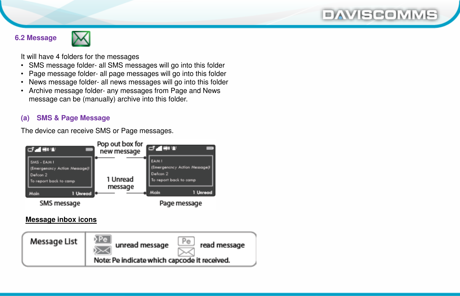Daviscomms ConfidentialDaviscomms Organization Chart6.2 Message(a) SMS &amp; Page MessageThe device can receive SMS or Page messages.Message inbox iconsIt will have 4 folders for the messages• SMS message folder- all SMS messages will go into this folder• Page message folder- all page messages will go into this folder• News message folder- all news messages will go into this folder• Archive message folder- any messages from Page and Newsmessage can be (manually) archive into this folder.
