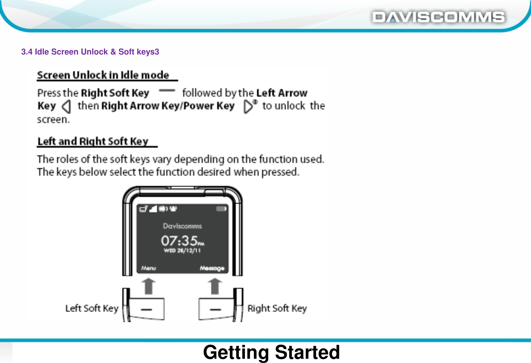 Daviscomms ConfidentialDaviscomms Organization ChartGetting Started3.4 Idle Screen Unlock &amp; Soft keys3