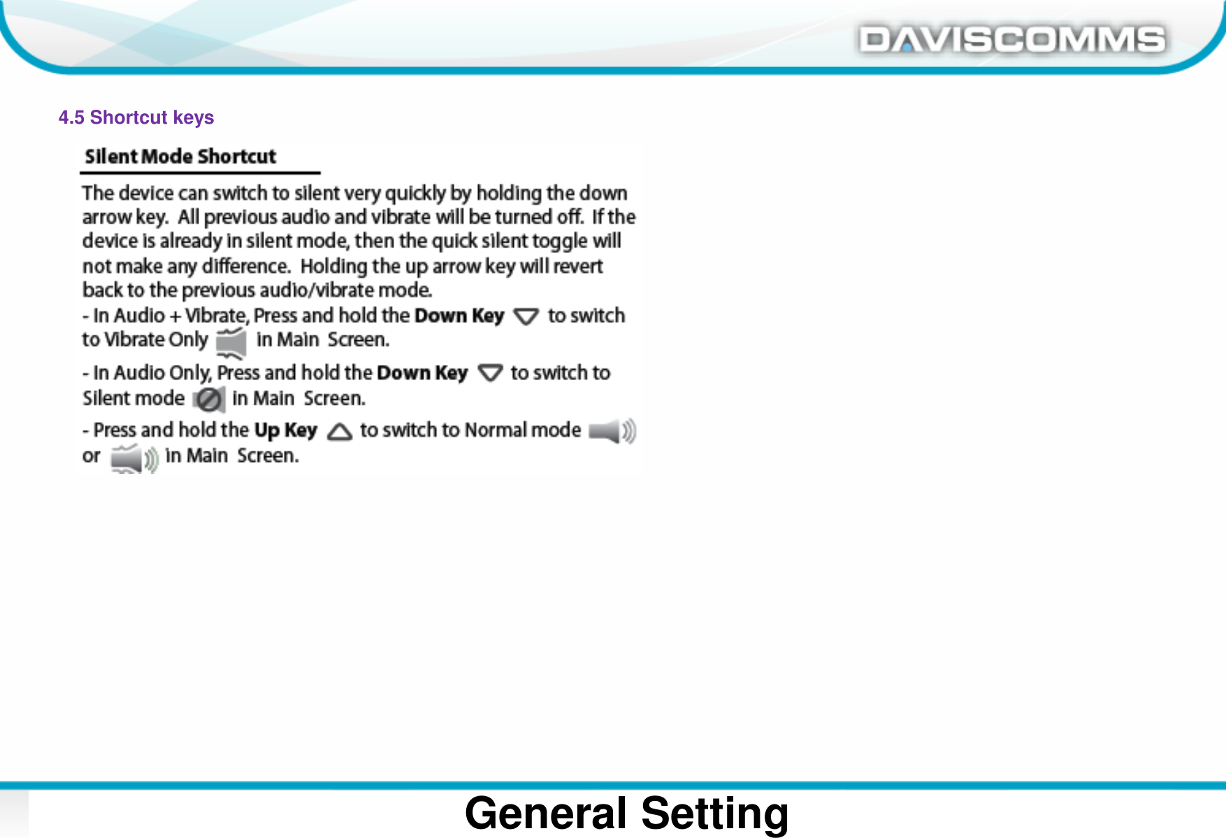 Daviscomms ConfidentialDaviscomms Organization ChartGeneral Setting4.5 Shortcut keys