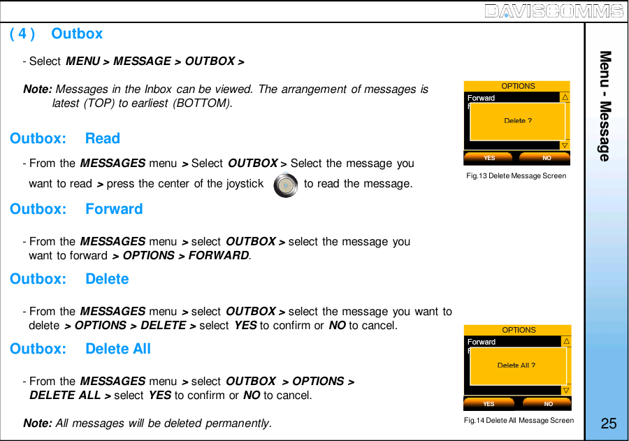 Menu - Message( 4 )    OutboxOutbox:     ReadOutbox:     ForwardOutbox:     DeleteOutbox:     Delete All- Select MENU &gt; MESSAGE &gt; OUTBOX &gt;Note: Messages in the Inbox can be viewed. The arrangement of messages islatest (TOP) to earliest (BOTTOM).- From the MESSAGES menu &gt;Select OUTBOX &gt;Select the message youwant to read &gt;press the center  of the joystick            to read the message.- From the MESSAGES menu &gt;select OUTBOX &gt; select the message youwant to forward &gt; OPTIONS &gt; FORWARD.- From the MESSAGES menu &gt;select OUTBOX &gt; select the message you want todelete &gt; OPTIONS &gt; DELETE &gt; select YES to confirm or NO to cancel.- From the MESSAGES menu &gt;select OUTBOX &gt; OPTIONS &gt;DELETE ALL &gt; select YES to confirm or NO to cancel.Note: All messages will be deleted permanently.Fig.13 Delete Message ScreenFig.14 Delete All Message ScreenYES NOYES NO25