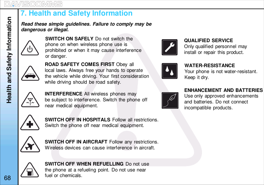 Health and Safety InformationRead these simple guidelines. Failure to comply may bedangerous or illegal.SWITCH ON SAFELY Do not switch thephone on when wireless phone use isprohibited or when it may cause interferenceor danger.ROAD SAFETY COMES FIRST Obey alllocal laws. Always free your hands to operatethe vehicle while driving. Your first considerationwhile driving should be road safety.INTERFERENCE All wireless phones maybe subject to interference. Switch the phone offnear medical equipment.SWITCH OFF IN HOSPITALS Follow all restrictions.Switch the phone off near medical equipment.SWITCH OFF IN AIRCRAFT Follow any restrictions.Wireless devices can cause interference in aircraft.SWITCH OFF WHEN REFUELLING Do not usethe phone at a refueling point. Do not use nearfuel or chemicals.QUALIFIED SERVICEOnly qualified personnel mayinstall or repair this product.WATER-RESISTANCEYour phone is not water-resistant.Keep it dry.ENHANCEMENT AND BATTERIESUse only approved enhancementsand batteries. Do not connectincompatible products.687. Health and Safety Information