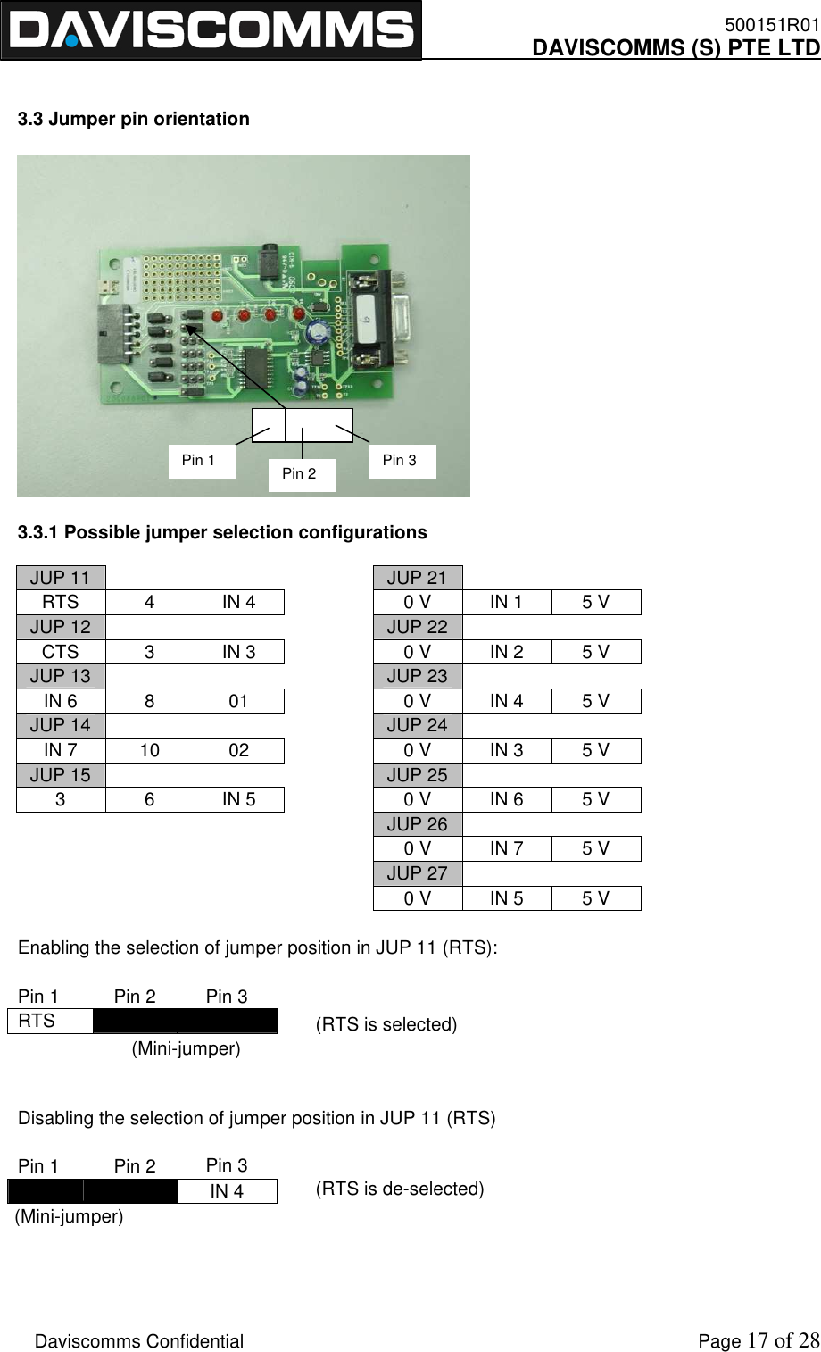    500151R01     DAVISCOMMS (S) PTE LTD    Daviscomms Confidential    Page 17 of 28 (Mini-jumper) (Mini-jumper)  3.3 Jumper pin orientation  3.3.1 Possible jumper selection configurations  JUP 11        JUP 21     RTS  4  IN 4    0 V  IN 1  5 V JUP 12        JUP 22     CTS  3  IN 3    0 V  IN 2  5 V JUP 13        JUP 23     IN 6  8  01     0 V  IN 4  5 V JUP 14        JUP 24     IN 7  10  02     0 V  IN 3  5 V JUP 15        JUP 25     3  6  IN 5     0 V  IN 6  5 V         JUP 26             0 V  IN 7  5 V         JUP 27             0 V  IN 5  5 V Enabling the selection of jumper position in JUP 11 (RTS): Pin 1  Pin 2  Pin 3 RTS      Disabling the selection of jumper position in JUP 11 (RTS) Pin 1  Pin 2  Pin 3   IN 4    Pin 1  Pin 2  Pin 3 (RTS is selected) (RTS is de-selected) 