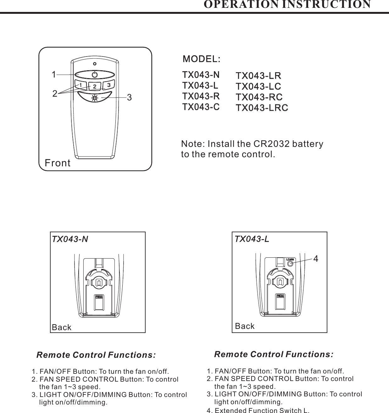 OPERATION INSTRUCTIONFrontBackTX043-NRemote Control Functions:1. FAN/OFF Button: To turn the fan on/off.2. FAN SPEED CONTROL Button: To controlthe fan 1~3 speed.3. LIGHT ON/OFF/DIMMING Button: To controllight on/off/dimming.1. FAN/OFF Button: To turn the fan on/off.2. FAN SPEED CONTROL Button: To controlthe fan 1~3 speed.3..4.LIGHT ON/OFF/DIMMING Button: To controllight on/off/dimming.Extended Function Switch LBackTX043-LRemote Control Functions:1234MODEL:Note: Install the CR2032 batteryto the remote control.TX043-NTX043TX043-RTX043-L-CTX043-NTX043-LTX043-RTX043-CTX043-LRTX043-LCTX043-RCTX043-LRCTX043-LRTX043-LCTX043-RCTX043-LRC