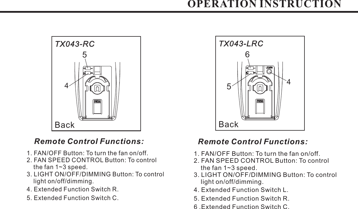 1. FAN/OFF Button: To turn the fan on/off.2. FAN SPEED CONTROL Button: To controlthe fan 1~3 speed.3. LIGHT ON/OFF/DIMMING Button: To controllight on/off/dimming.4. Extended Function Switch R.5. Extended Function Switch C.1. FAN/OFF Button: To turn the fan on/off.2. FAN SPEED CONTROL Button: To controlthe fan 1~3 speed.3..LIGHT ON/OFF/DIMMING Button: To controllight on/off/dimming.4. Extended Function Switch L.5. Extended Function Switch R.Extended Function Switch C6.Back BackTX043-RCTX043-RC TX043 RC-LTX043-LRCRemote Control Functions: Remote Control Functions:OPERATION INSTRUCTION55446