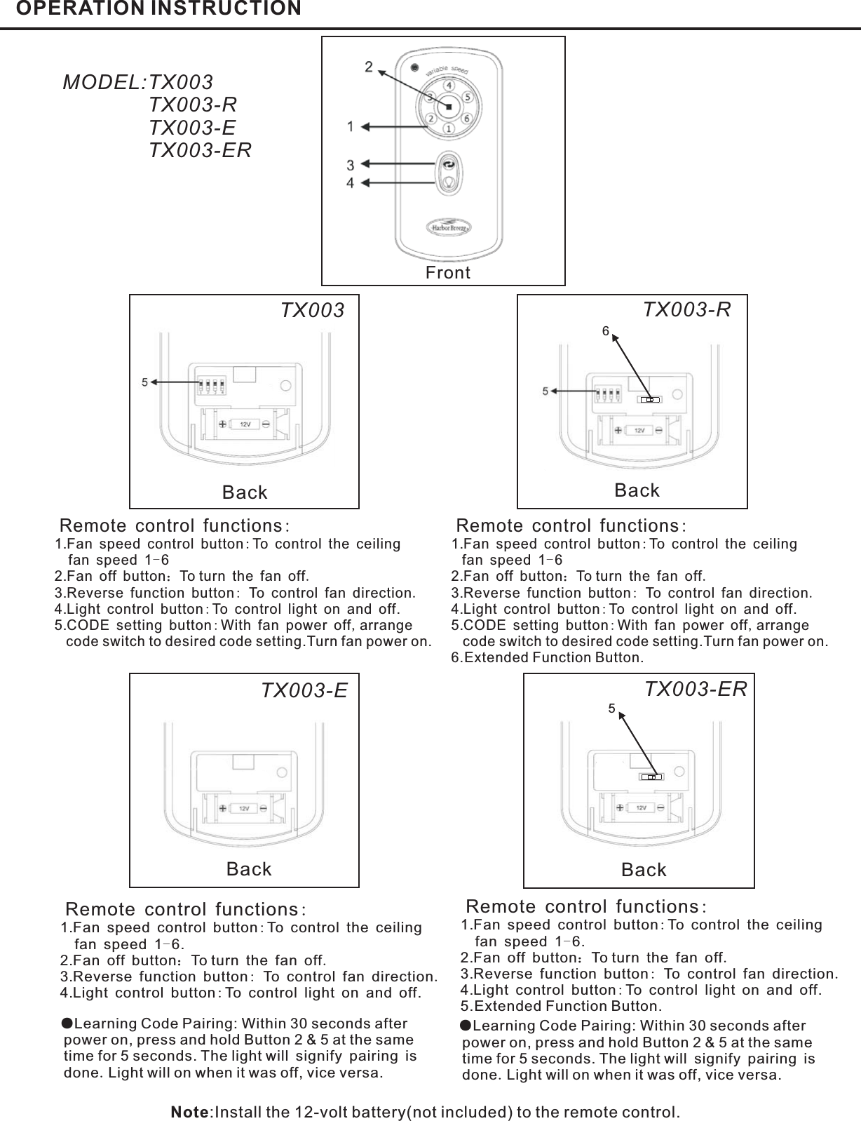 OPERATION INSTRUCTIONMODEL:TX003TX003-RTX003-ETX003-ERBackFrontBack6Back5BackRemote control functions:1.Fan speed control button To control the ceilingfan speed 1 62.Fan off button To turn the fan off3.Reverse function button To control fan direction4.Light control button To control light on and off.5.CODE setting button With fan power off arrangecode switch to desired code setting.Turn fan power on.:-：.:.::,Remote control functions:1.Fan speed control button To control the ceilingfan speed 1 62.Fan off button To turn the fan off3.Reverse function button To control fan direction4.Light control button To control light on and off.5.CODE setting button With fan power off arrangecode switch to desired code setting.Turn fan power on.6.Extended Function Button.:-：.:.::,Remote control functions:1.Fan speed control button To control the ceilingfan speed 1 6.2.Fan off button To turn the fan off3.Reverse function button To control fan direction4.Light control button To control light on and off.:-：.:.:Remote control functions:1.Fan speed control button To control the ceilingfan speed 1 6.2.Fan off button To turn the fan off3.Reverse function button To control fan direction4.Light control button To control light on and off.5.Extended Function Button.:-：.:.:●.Learning Code Pairing: Within 30 seconds afterpower on, press and hold Button2&amp;5atthesametime for 5 seconds. The light will signify pairing isdone Light will on when it was off, vice versa.●.Learning Code Pairing: Within 30 seconds afterpower on, press and hold Button2&amp;5atthesametime for 5 seconds. The light will signify pairing isdone Light will on when it was off, vice versa.Note:Install the 12-volt battery(not included) to the remote control.TX003 TX003-RTX003-E TX003-ER