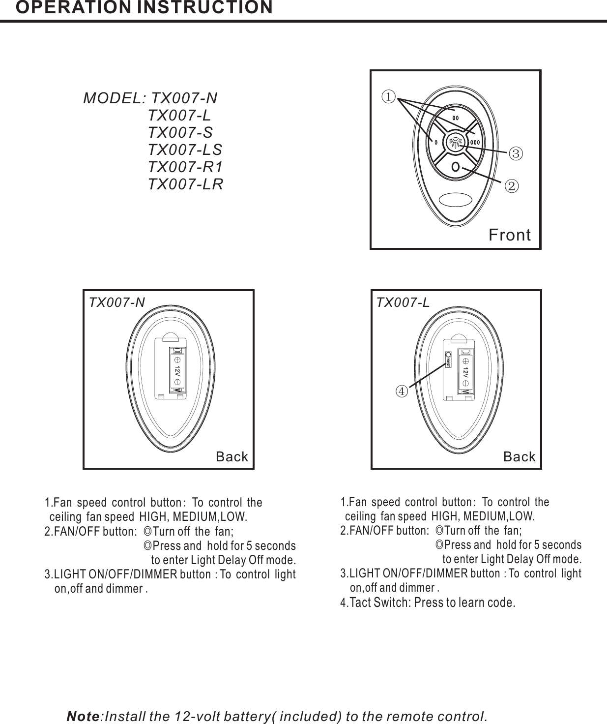 OPERATION INSTRUCTION①②③④FrontBack Back:,◎◎:.1.Fan speed control button To control theceiling fan speed HIGH MEDIUM,LOW.2.FAN/OFF button: Turn off the fan;Press and hold for 5 secondsto enter Light Delay Off mode.3.LIGHT ON/OFF/DIMMER button To control lighton,off and dimmer:,◎◎:.1.Fan speed control button To control theceiling fan speed HIGH MEDIUM,LOW.2.FAN/OFF button: Turn off the fan;Press and hold for 5 secondsto enter Light Delay Off mode.3.LIGHT ON/OFF/DIMMER button To control lighton,off and dimmerTact Switch: Press to learn code.4.Note:Install the 12-volt battery( included) to the remote control.TX007-N TX007-L12V12VMODEL: TX007-NTX007-LTX007-STX007-LSTX007-R1TX007-LR