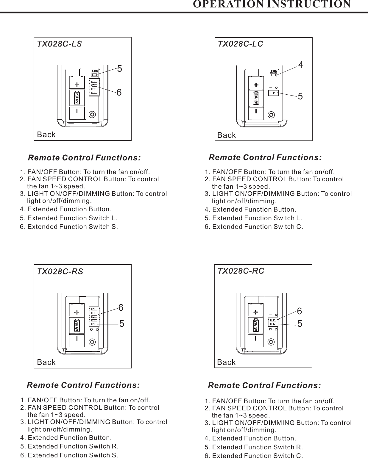 OPERATION INSTRUCTION1. FAN/OFF Button: To turn the fan on/off.2. FAN SPEED CONTROL Button: To controlthe fan 1~3 speed.3. LIGHT ON/OFF/DIMMING Button: To controllight on/off/dimming...4.5.6.Extended Function Button.Extended Function Switch LExtended Function Switch CBackTX028C-LCRemote Control Functions:45BackTX028C- SLTX028C-LS1. FAN/OFF Button: To turn the fan on/off.2. FAN SPEED CONTROL Button: To controlthe fan 1~3 speed.3. LIGHT ON/OFF/DIMMING Button: To controllight on/off/dimming...4.5.6.Extended Function Button.Extended Function Switch LExtended Function Switch S56Remote Control Functions:BackTX028C-RSRemote Control Functions:1. FAN/OFF Button: To turn the fan on/off.2. FAN SPEED CONTROL Button: To controlthe fan 1~3 speed.3. LIGHT ON/OFF/DIMMING Button: To controllight on/off/dimming...4.5.6.Extended Function Button.Extended Function Switch RExtended Function Switch S56Remote Control Functions:1. FAN/OFF Button: To turn the fan on/off.2. FAN SPEED CONTROL Button: To controlthe fan 1~3 speed.3. LIGHT ON/OFF/DIMMING Button: To controllight on/off/dimming...4.5.6.Extended Function Button.Extended Function Switch RExtended Function Switch CBackTX028C C-RTX028C-RC56