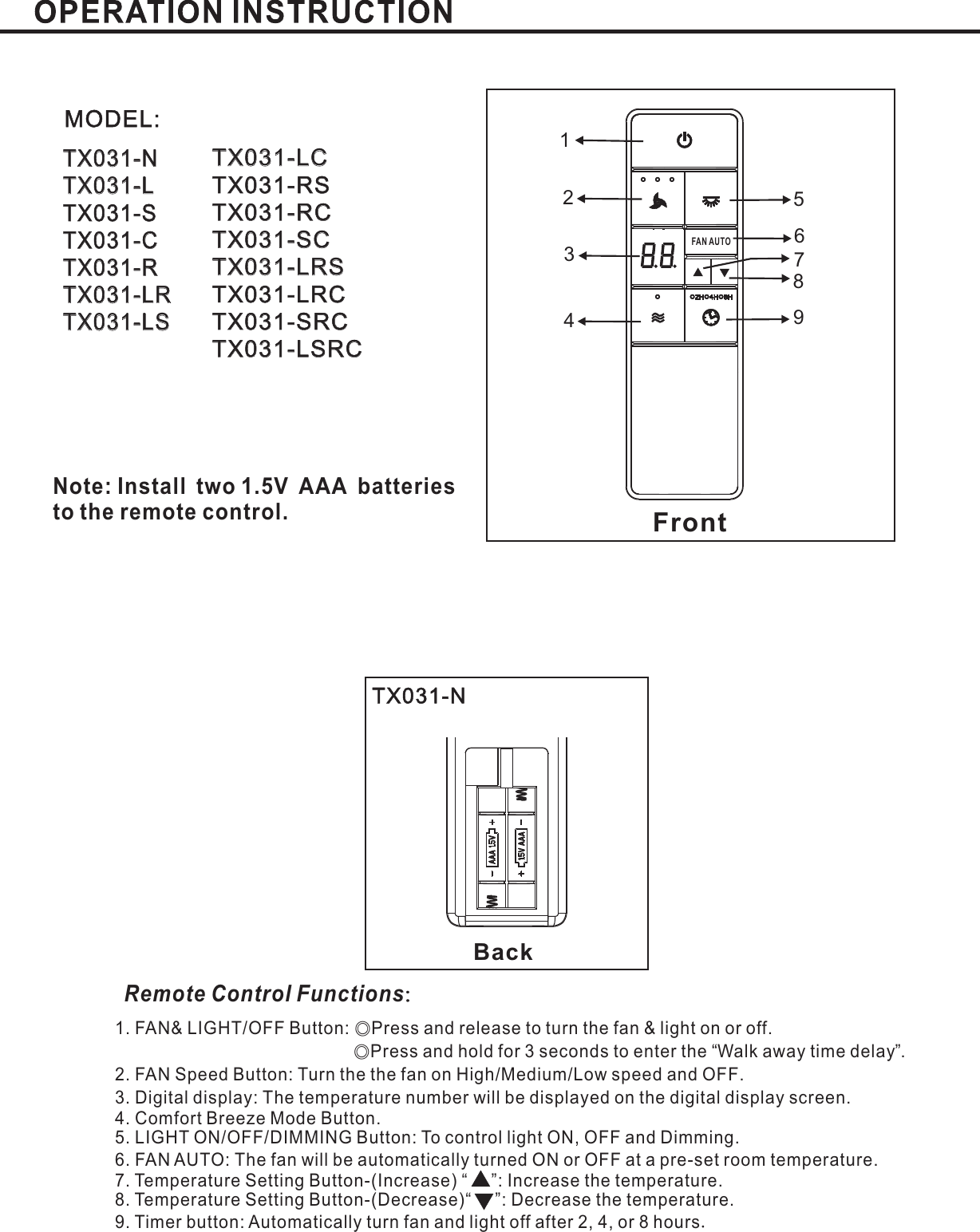 651234789FrontFAN AUTOMODEL:TX031-NTX031TX031-STX031-CTX031TX031TX031-LS-L-R-LRTX031-NTX031-LTX031-STX031-CTX031-RTX031-LRTX031-LSTX031-LCTX031-RSTX031-RCTX031-SCTX031-LRSTX031-LRCTX031-SRCTX031-LSRCTX031-LCTX031-RSTX031-RCTX031-SCTX031-LRSTX031-LRCTX031-SRCTX031-LSRCNote: Install two 1.5V AAA batteriesto the remote control.BackTX031-NRemote Control Functions：1. FAN&amp; LIGHT/OFF Button: Press and release to turn the fan &amp; light on or offPress and hold for 3 seconds to enter the Walk away time delay .2. FAN Speed Button: Turn the the fan on High Medium Low speed and OFFLIGHT ON/OFF/DIMMING Button: To control light ON, OFF and Dimming.6. FAN AUTO:Temperature SettingTemperature Setting◎◎.“”// .3. : .Digital display The temperature number will be displayed on the digital display screenThe fan will be automatically turned ON or OFF at a pre-set room temperature.Mode Button.5.7. Button-(Increase) “ ”: Increase the temperature.8 Button-(Decrease)“ ”: Decrease the temperature.9. Timer button: Automatically turn fan and light off after or hours2, 4, 8 .4. Comfort Breeze.