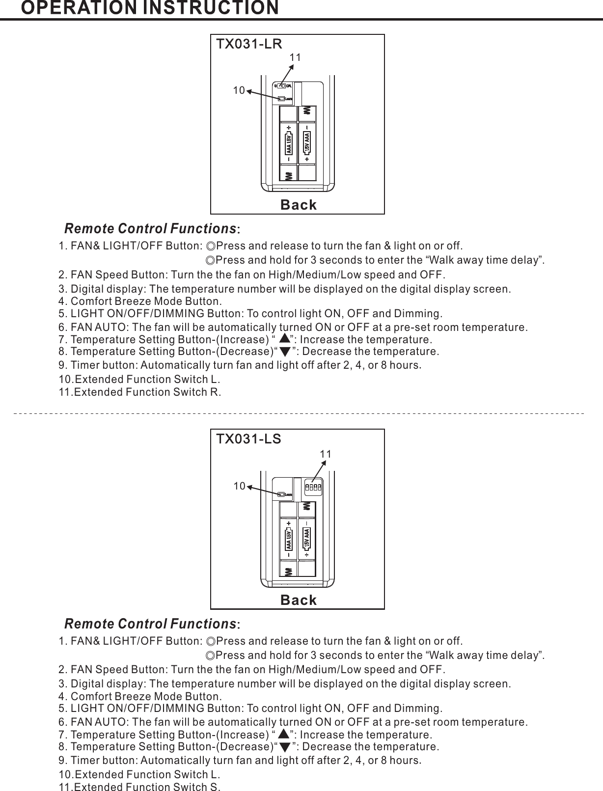 BackBackTX031-LRTX031-LSRemote Control Functions：Remote Control Functions：1. FAN&amp; LIGHT/OFF Button: Press and release to turn the fan &amp; light on or offPress and hold for 3 seconds to enter the Walk away time delay .2. FAN Speed Button: Turn the the fan on High Medium Low speed and OFFLIGHT ON/OFF/DIMMING Button: To control light ON, OFF and Dimming.6. FAN AUTO:Temperature SettingTemperature SettingExtended Function Switch L.11.Extended Function Switch R.◎◎.“”// .3. : .Digital display The temperature number will be displayed on the digital display screenThe fan will be automatically turned ON or OFF at a pre-set room temperature.Mode Button.5.7. Button-(Increase) “ ”: Increase the temperature.8 Button-(Decrease)“ ”: Decrease the temperature.9. Timer button: Automatically turn fan and light off after or hours2, 4, 810..4. Comfort Breeze.1. FAN&amp; LIGHT/OFF Button: Press and release to turn the fan &amp; light on or offPress and hold for 3 seconds to enter the Walk away time delay .2. FAN Speed Button: Turn the the fan on High Medium Low speed and OFFLIGHT ON/OFF/DIMMING Button: To control light ON, OFF and Dimming.6. FAN AUTO:Temperature SettingTemperature SettingExtended Function Switch L.11.Extended Function Switch S.◎◎.“”// .3. : .Digital display The temperature number will be displayed on the digital display screenThe fan will be automatically turned ON or OFF at a pre-set room temperature.Mode Button.5.7. Button-(Increase) “ ”: Increase the temperature.8 Button-(Decrease)“ ”: Decrease the temperature.9. Timer button: Automatically turn fan and light off after or hours2, 4, 810..4. Comfort Breeze.11111010LearnLearn