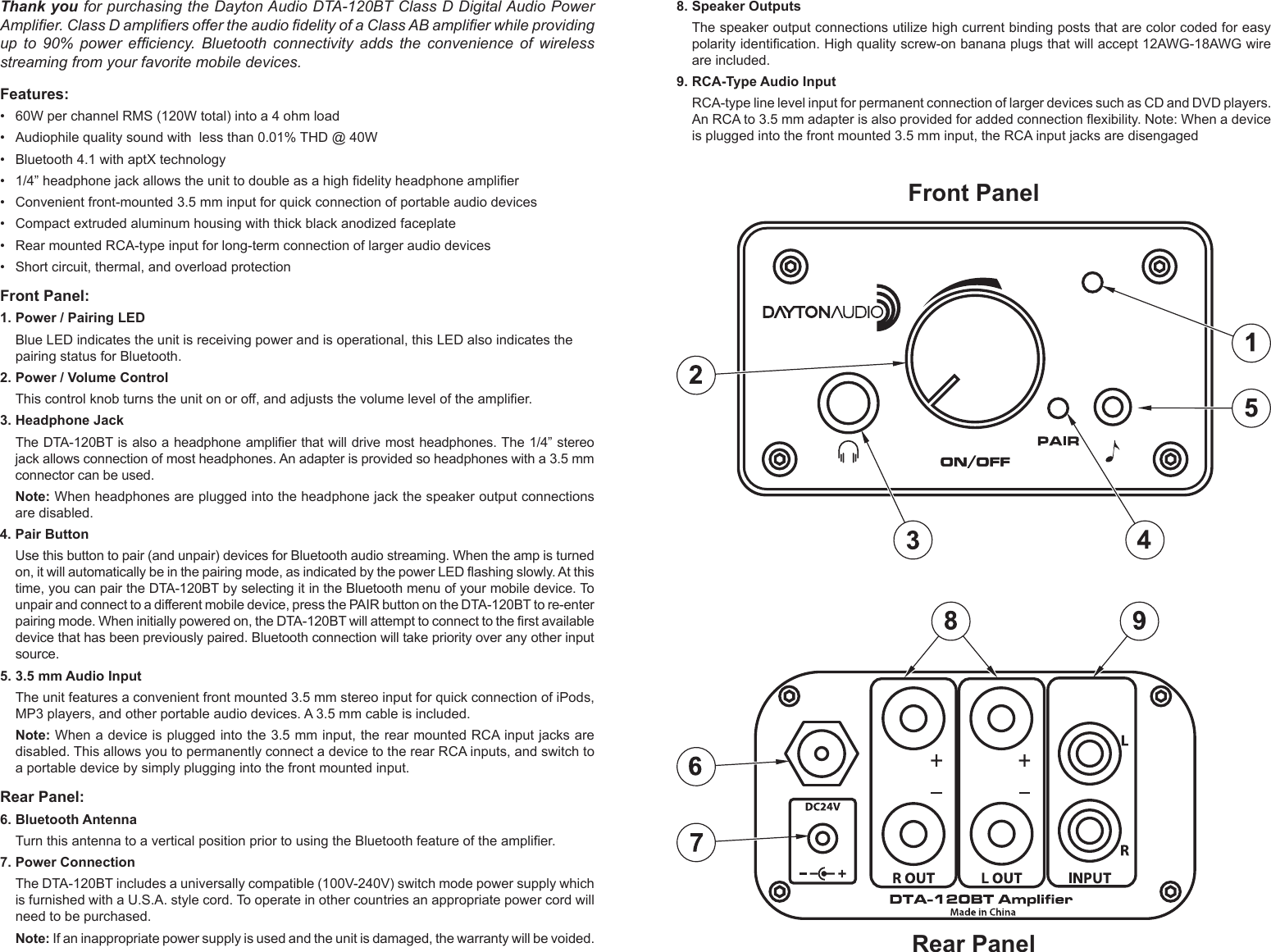 Page 2 of Dayton Audio Division of Parts Express DTA-120BT Amplifier User Manual DTA 120BT  indd