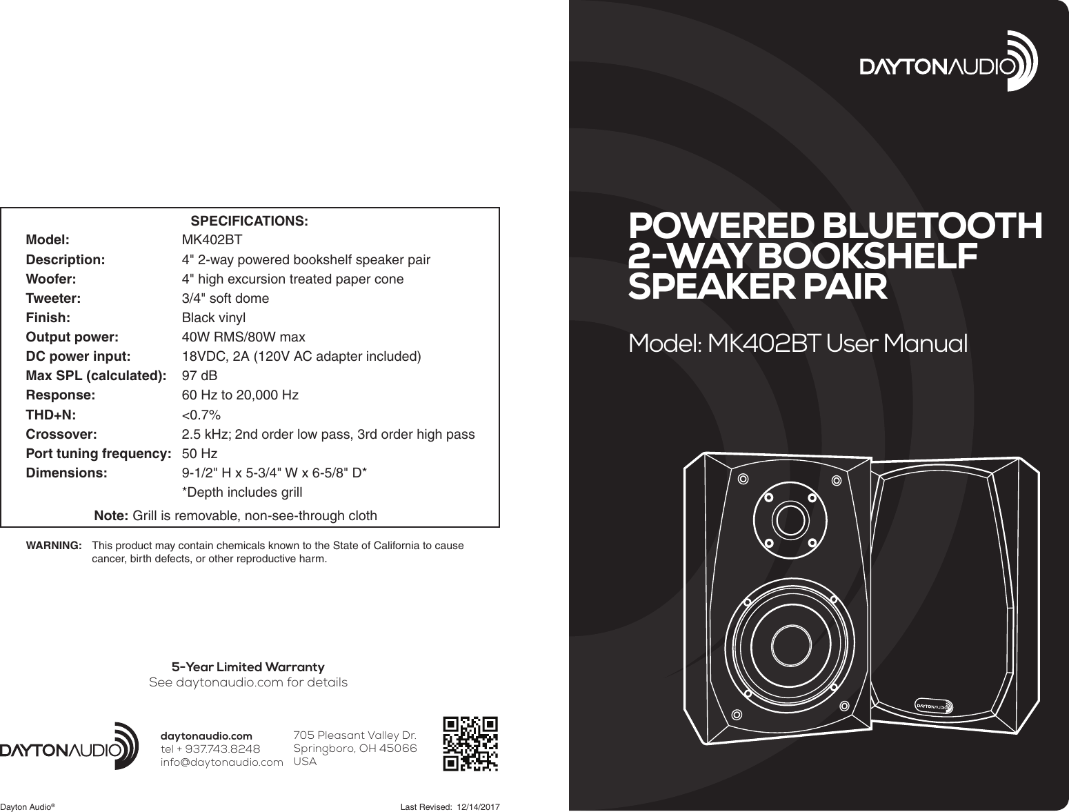 Page 1 of Dayton Audio Division of Parts Express MK402BT Bluetooth Bookshelf Speaker User Manual MK402BT  indd