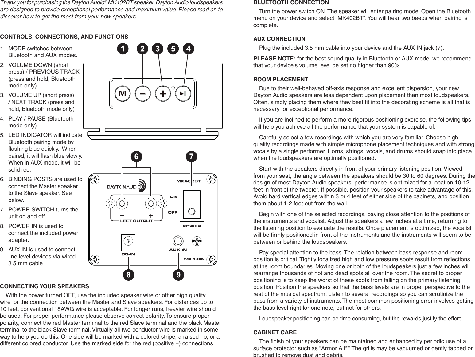 Page 2 of Dayton Audio Division of Parts Express MK402BT Bluetooth Bookshelf Speaker User Manual MK402BT  indd