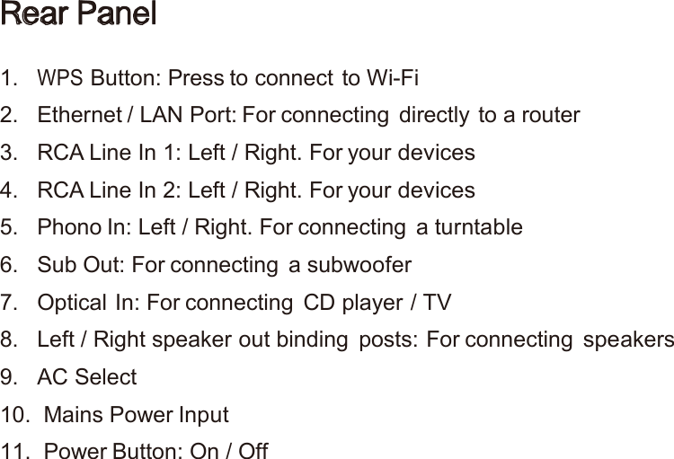 Rear Panel1.WPSButton: Press to connect to Wi-Fi2. Ethernet / LAN Port: For connecting directly to a router3. RCA Line In 1: Left / Right. For yourdevices4. RCA Line In 2: Left / Right. For yourdevices5. Phono In: Left / Right. For connecting a turntable6. Sub Out: For connecting a subwoofer7. Optical In: For connecting CD player / TV8. Left / Right speaker out binding posts: For connectingspeakers9. AC Select10. Mains Power Input11. Power Button: On / Off