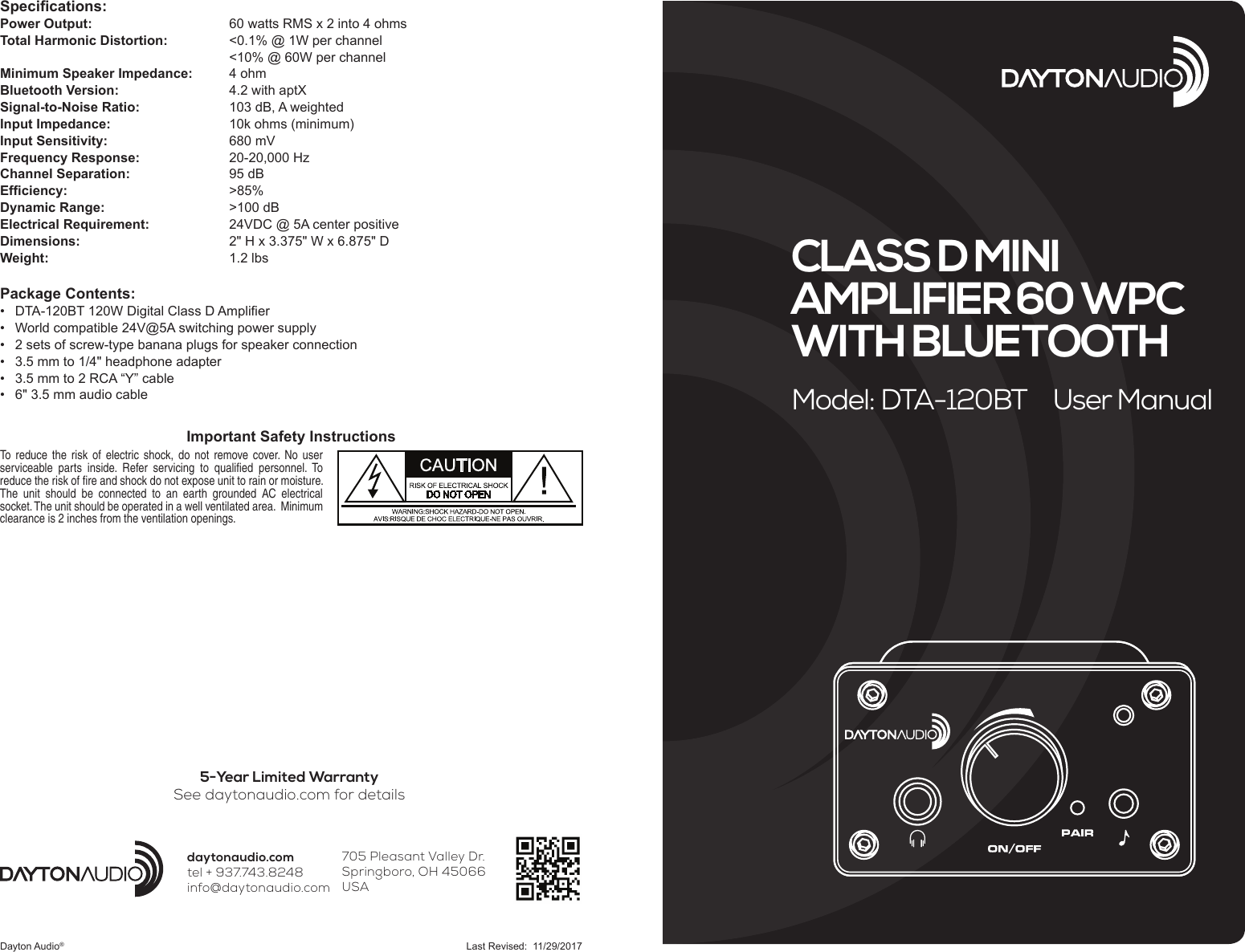 Page 1 of Dayton Audio division of Parts Express DTA-120BT Amplifier User Manual DTA 120BT  indd