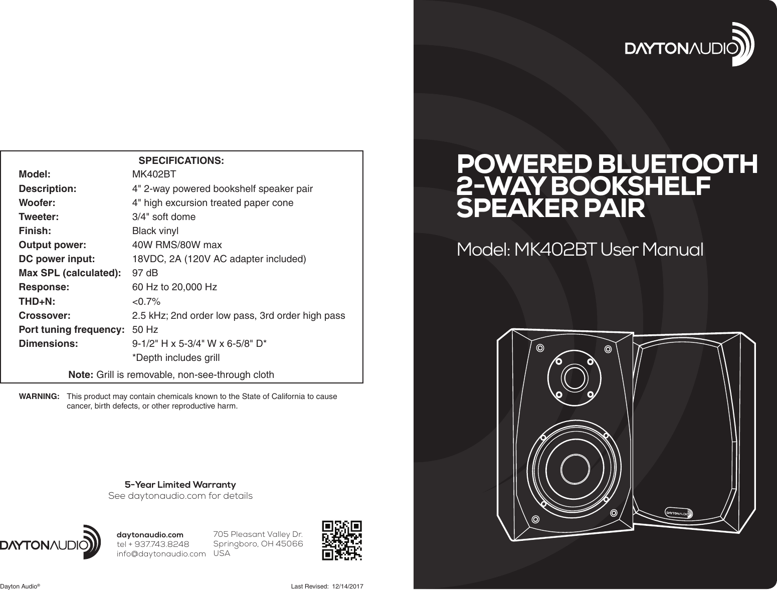 Page 1 of Dayton Audio division of Parts Express MK402BT Bluetooth Bookshelf Speaker User Manual MK402BT  indd