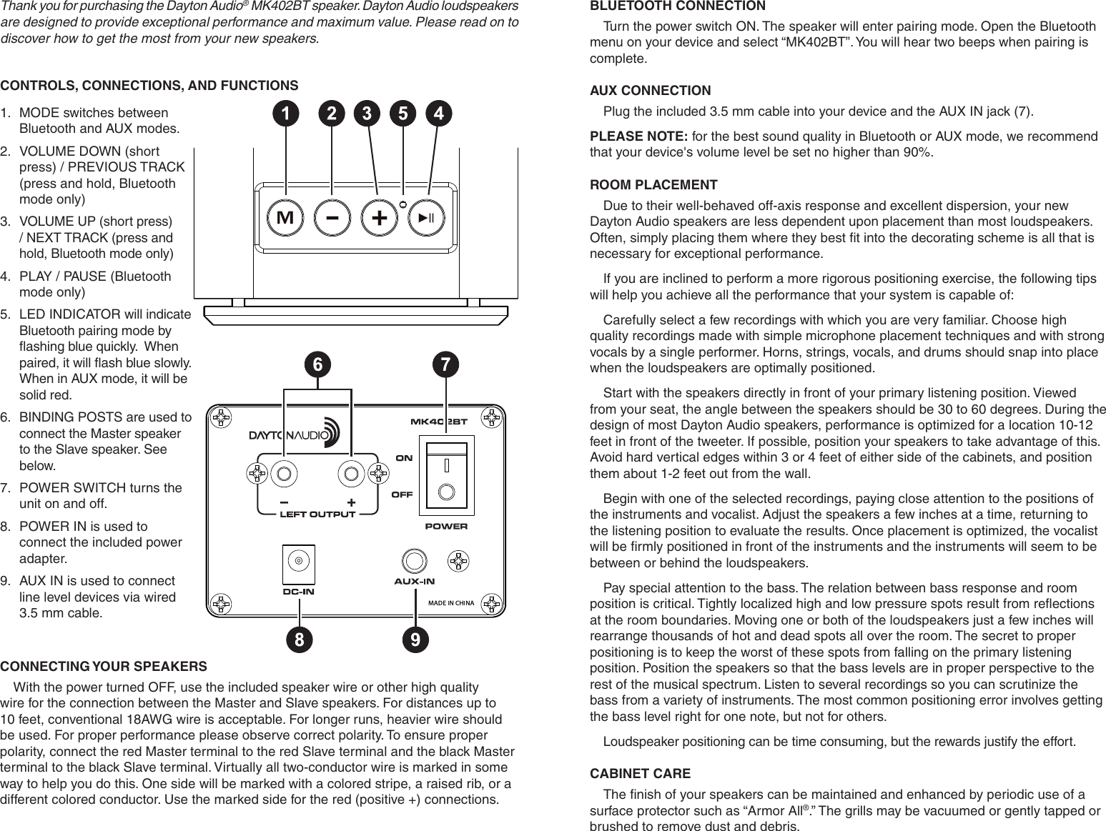 Page 2 of Dayton Audio division of Parts Express MK402BT Bluetooth Bookshelf Speaker User Manual MK402BT  indd