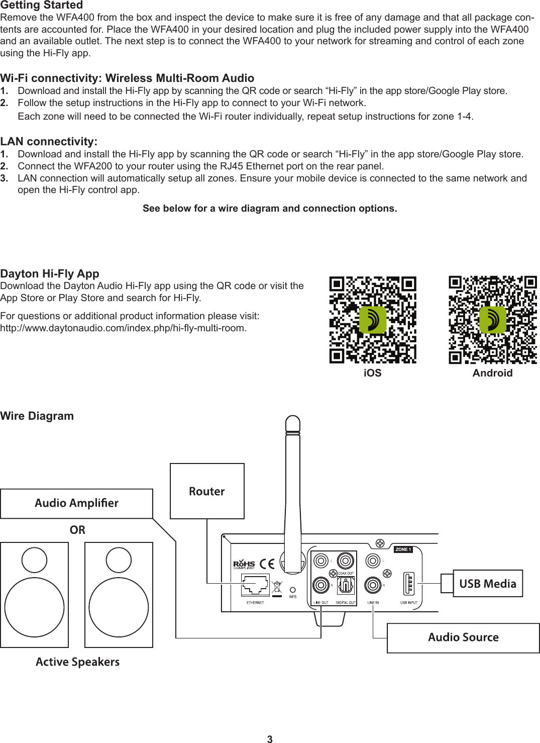3Getting StartedRemove the WFA400 from the box and inspect the device to make sure it is free of any damage and that all package con-tents are accounted for. Place the WFA400 in your desired location and plug the included power supply into the WFA400 and an available outlet. The next step is to connect the WFA400 to your network for streaming and control of each zone using the Hi-Fly app.Wi-Fi connectivity: Wireless Multi-Room Audio1. Download and install the Hi-Fly app by scanning the QR code or search “Hi-Fly” in the app store/Google Play store.2.  Follow the setup instructions in the Hi-Fly app to connect to your Wi-Fi network.   Each zone will need to be connected the Wi-Fi router individually, repeat setup instructions for zone 1-4.LAN connectivity: 1.  Download and install the Hi-Fly app by scanning the QR code or search “Hi-Fly” in the app store/Google Play store.2.  Connect the WFA200 to your router using the RJ45 Ethernet port on the rear panel.3.  LAN connection will automatically setup all zones. Ensure your mobile device is connected to the same network and open the Hi-Fly control app. See below for a wire diagram and connection options.iOS AndroidDayton Hi-Fly AppDownload the Dayton Audio Hi-Fly app using the QR code or visit the App Store or Play Store and search for Hi-Fly.For questions or additional product information please visit:  http://www.daytonaudio.com/index.php/hi-y-multi-room.Wire Diagram