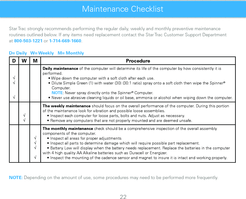 Maintenance Checklist22Star Trac strongly recommends performing the regular daily, weekly and monthly preventive maintenance routines outlined below. If any items need replacement contact the Star Trac Customer Support Department at 800-503-1221 or 1-714-669-1660.D= Daily   W= Weekly   M= MonthlyD W  M Procedure√√√Daily maintenance of the computer will determine its life of the computer by how consistently it is performed.     • Wipe down the computer with a soft cloth after each use.     • Dilute Simple Green (1) with water (30) (30:1 ratio) spray onto a soft cloth then wipe the Spinner®                                                   Computer.           NOTE: Never spray directly onto the Spinner® Computer.       • Never use abrasive cleaning liquids or oil base, ammonia or alcohol when wiping down the computer.√√The weekly maintenance should focus on the overall performance of the computer. During this portion of the maintenance look for vibration and possible loose assemblies.     • Inspect each computer for loose parts, bolts and nuts. Adjust as necessary.      • Remove any computers that are not properly mounted and are deemed unsafe. √√√√The monthly maintenance check should be a comprehensive inspection of the overall assembly components of the computer.       • Inspect all areas for proper adjustments    • Inspect all parts to determine damage which will require possible part replacement.    • Battery Low will display when the battery needs replacement. Replace the batteries in the computer                                                                                                     with 4 high quality AA Alkaline batteries such as Duracell or Energizer.      • Inspect the mounting of the cadence sensor and magnet to insure it is intact and working properly.NOTE: Depending on the amount of use, some procedures may need to be performed more frequently.