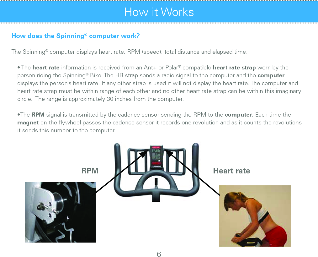 How it Works How does the Spinning® computer work?The Spinning® computer displays heart rate, RPM (speed), total distance and elapsed time.• The heart rate information is received from an Ant+ or Polar® compatible heart rate strap worn by the person riding the Spinning® Bike. The HR strap sends a radio signal to the computer and the computer displays the person’s heart rate. If any other strap is used it will not display the heart rate. The computer and heart rate strap must be within range of each other and no other heart rate strap can be within this imaginary circle.  The range is approximately 30 inches from the computer.•The RPM signal is transmitted by the cadence sensor sending the RPM to the computer. Each time the magnet on the ﬂywheel passes the cadence sensor it records one revolution and as it counts the revolutions it sends this number to the computer.6RPM Heart rate