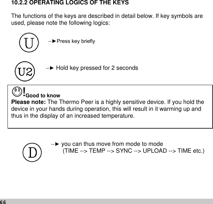 6610.2.2 OPERATING LOGICS OF THE KEYSThe functions of the keys are described in detail below. If key symbols areused, please note the following logics:--►Press key briefly--►Hold key pressed for 2 secondsGood to knowPlease note: The Thermo Peer is a highly sensitive device. If you hold thedevice in your hands during operation, this will result in it warming up andthus in the display of an increased temperature.--►you can thus move from mode to mode(TIME --&gt; TEMP --&gt; SYNC --&gt; UPLOAD --&gt; TIME etc.)