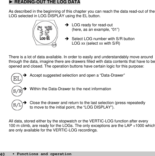 40►READING-OUT THE LOG DATAAs described in the beginning of this chapter you can reach the data read-out of theLOG selected in LOG DISPLAY using the EL button. LOG ready for read-out(here, as an example, “01”) Select LOG number with S/R buttonLOG xx (select xx with S/R)There is a lot of data available. In order to easily and understandably move aroundthrough the data, imagine there are drawers filled with data contents that have to beopened and closed. The operation buttons have certain logic for this purpose: Accept suggested selection and open a “Data-Drawer” Within the Data-Drawer to the next information Close the drawer and return to the last selection (press repeatedlyto move to the initial point, the “LOG DISPLAY”).All data, stored either by the stopwatch or the VERTIC-LOG function after every100 m climb, are ready for the LOGs. The only exceptions are the LAP +1000 whichare only available for the VERTIC-LOG recordings.• Functions and operation