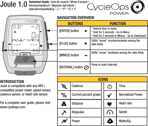 Joule 1.0 Quickstart Guide | Guía de usuario | Mode d’emploi | Benutzerhandbuch | Manuale dell’utente | Gebruikershandleiding | ユーザーガイドINT211:3100INTA0.0 0.0NAVIGATION OVERVIEW[ENTER] button * Selects item in menu* Hold for 3 seconds - Go to Menu* Hold for 3 seconds in Menus - Go to DashboardShifts “arrow” counterclockwise among the data ﬁeldsShifts “arrow” clockwise among the data ﬁeldsPress to mark intervals[PLUS] button[MINUS] button[INTERVAL] buttonINTRODUCTIONJoule is compatible with any ANT+ compatible power meter, speed sensor, cadence sensor, or heart rate sensor.For a complete user guide, please visit www.cycleops.comTimeNormalized PowerHeart rateSpeedCadenceCurrent percent gradeDistanceKilojoulesWatts/KgPowerICONSDRAFT/FOR DEANNA/  10 07 11 /JOULE 1/QUICKSTARTBUTTONS FUNCTION