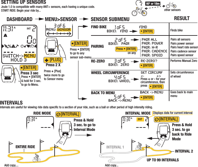 INTERVALSIntervals are useful for viewing ride data speciﬁc to a section of your ride, such as a ball or other period of high intensity riding.[INTERVAL] INTINTPress &amp; Hold3 sec. to go toInterval Mode[INTERVAL] Press &amp; Hold3 sec. to goback to RideMode3 oF 6MENU: SENSORDRAFT/FOR DEANNA/  10 07 11 /JOULE 1/QUICKSTARTother sensors60&apos; or 18mSETTING UP SENSORSJoule 1.0 is compatible with many ANT+ sensors, each having a unique code. START RIDE: Begin your ride by...211:3100INTAPress • [ENTER] &amp; hold for 3 sec. to go to Menu. Press + [Plus] twice more to go to Sensor menuINTDASHBOARD MENU&gt;SENSOR SENSOR SUBMENU RESULTBACK TO MENURE-ZEROPAIRINGFIND BIKEWHEEL CIRCUMFERENCEINTPress 3 secPress 2 X[PLUS] [ENTER] SWITCH-&gt;MENUHOLD 31 oF 5BIKE1: FINDFIND2 oF 5BIKE1: PAIRPAIR allpair: powerpair: h-rpair: cadencepair: speed3 oF 5BIKE1: ZERO4 oF 5BIKE1: WHEEL5 oF 5back -&gt;menuback -&gt;menu• [ENTER]• [ENTER]• [ENTER]• [ENTER]Re-zero?Press • [ENTER]on anyFinds bike Performs Manual Zeroset circumf&lt;- +&gt;Press + or - for yourcircumference, thenpressSets circumference of wheel Goes back to main menu Pairs all sensorsPairs power sensorPairs heart rate sensorPairs cadence sensorPairs speed sensor Press • [ENTER] to go to any sensor sub-menu[ENTER] RIDE MODE INTERVAL MODE Displays data for current intervalAdd copy....ENTIRE RIDEAdd copy...INTERVAL 2INTERVAL 1UP TO 99 INTERVALS11:31A211:31INTA