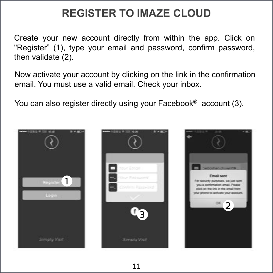 REGISTER TO IMAZE CLOUD Create  your  new  account  directly  from  within  the  app.  Click  on &quot;Register”  (1),  type  your  email  and  password,  confirm  password, then validate (2). Now activate your account by clicking on the link in the confirmation email. You must use a valid email. Check your inbox. You can also register directly using your Facebook®  account (3).  &amp;&amp;#1!2!3!