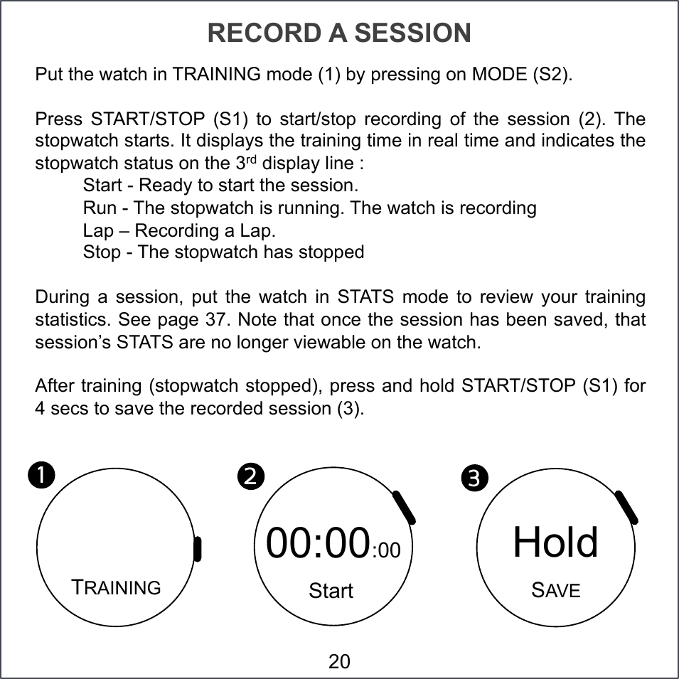 RECORD A SESSION Put the watch in TRAINING mode (1) by pressing on MODE (S2). Press  START/STOP  (S1)  to  start/stop  recording  of  the  session  (2).  The stopwatch starts. It displays the training time in real time and indicates the stopwatch status on the 3rd display line :  Start - Ready to start the session.  Run - The stopwatch is running. The watch is recording  Lap – Recording a Lap.   Stop - The stopwatch has stopped During  a  session,  put  the  watch  in  STATS  mode  to  review  your  training statistics. See page 37. Note that once the session has been saved, that session’s STATS are no longer viewable on the watch. After training (stopwatch stopped), press and hold START/STOP (S1) for 4 secs to save the recorded session (3).  20 TRAINING 1!2!00:00:00 Start 3!Hold SAVE 