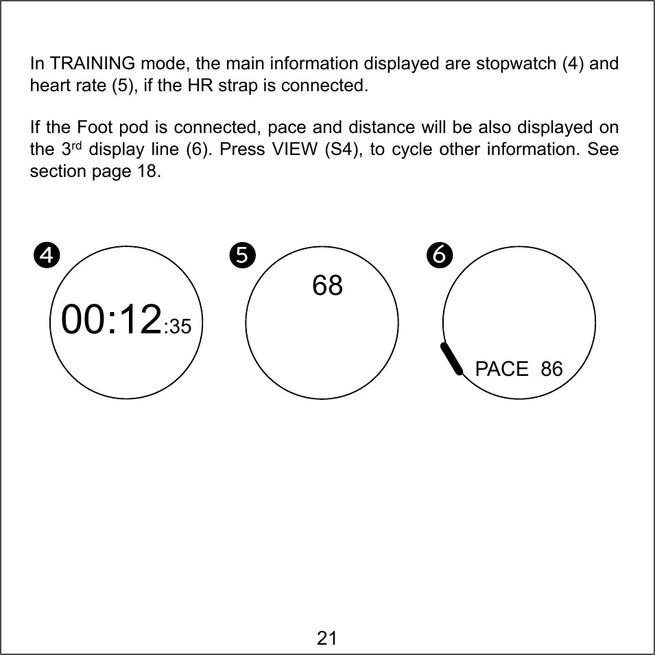 21 In TRAINING mode, the main information displayed are stopwatch (4) and heart rate (5), if the HR strap is connected. If the Foot pod is connected, pace and distance will be also displayed on the 3rd display line (6). Press VIEW (S4), to cycle other information. See section page 18.  4!00:12:35 5!68 6!    PACE  86 