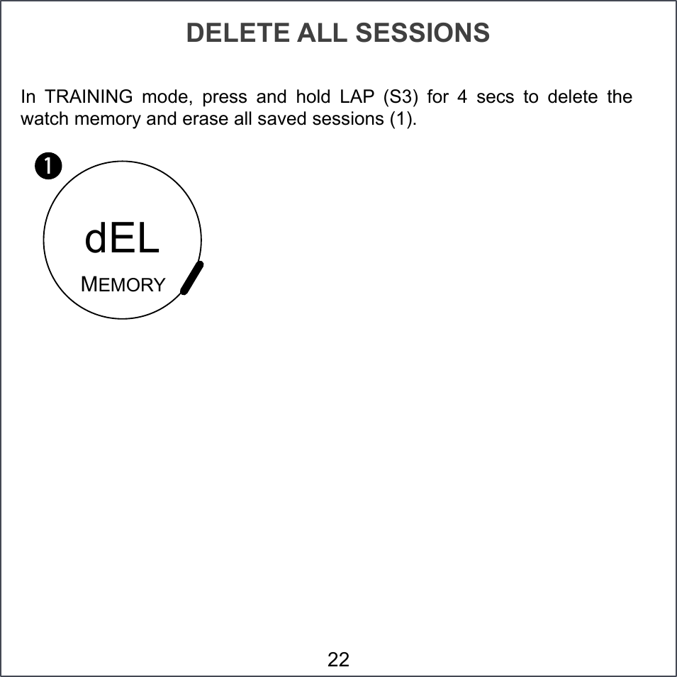 DELETE ALL SESSIONS 22 1!dEL MEMORY In  TRAINING  mode,  press  and  hold  LAP  (S3)  for  4  secs  to  delete  the  watch memory and erase all saved sessions (1).#