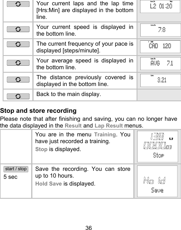 36  Your current laps and the lap time [Hrs:Min] are displayed in the bottom line.    Your current speed is displayed in the bottom line.  The current frequency of your pace is displayed [steps/minute].    Your average speed is displayed in the bottom line.  The distance previously covered is displayed in the bottom line.  Back to the main display.   Stop and store recording Please note that after finishing and saving, you can no longer have the data displayed in the Result and Lap Result menus.   You are in the menu Training. You have just recorded a training.  Stop is displayed.  start / stop 5 sec Save the recording. You can store up to 10 hours. Hold Save is displayed. 