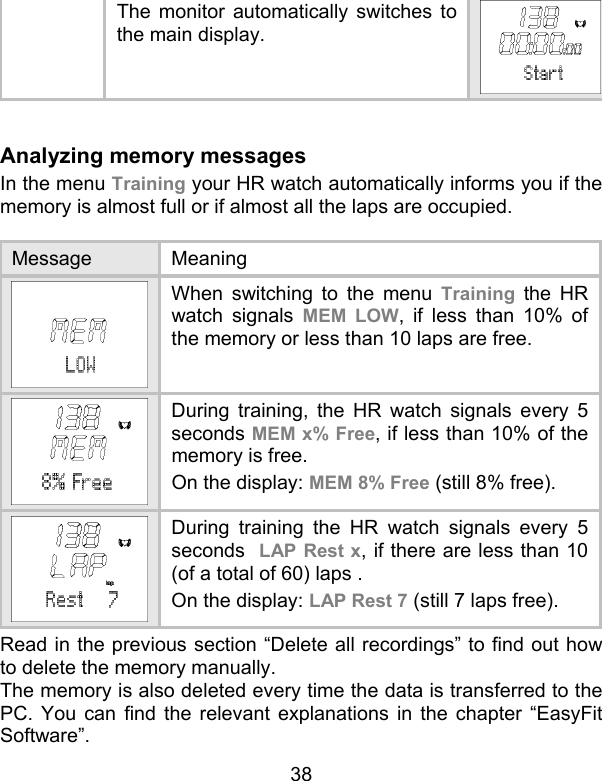 38   The monitor automatically switches to the main display.  Analyzing memory messages In the menu Training your HR watch automatically informs you if the memory is almost full or if almost all the laps are occupied.   Message Meaning  When switching to the menu Training the HR watch signals MEM LOW, if less than 10% of the memory or less than 10 laps are free.  During training, the HR watch signals every 5 seconds MEM x% Free, if less than 10% of the memory is free.  On the display: MEM 8% Free (still 8% free).  During training the HR watch signals every 5 seconds  LAP Rest x, if there are less than 10 (of a total of 60) laps .  On the display: LAP Rest 7 (still 7 laps free). Read in the previous section “Delete all recordings” to find out how to delete the memory manually. The memory is also deleted every time the data is transferred to the PC. You can find the relevant explanations in the chapter “EasyFit Software”.  