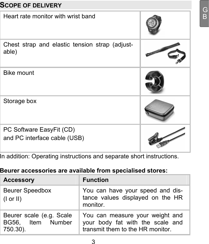  3 GBSCOPE OF DELIVERY Heart rate monitor with wrist band  Chest strap and elastic tension strap (adjust-able) Bike mount  Storage box  PC Software EasyFit (CD) and PC interface cable (USB)  In addition: Operating instructions and separate short instructions.  Beurer accessories are available from specialised stores: Accessory  Function Beurer Speedbox (I or II) You can have your speed and dis-tance values displayed on the HR monitor. Beurer scale (e.g. Scale BG56, Item Number 750.30). You can measure your weight and your body fat with the scale and transmit them to the HR monitor. 