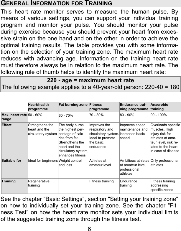 6 GENERAL INFORMATION FOR TRAINING  This heart rate monitor serves to measure the human pulse. By means of various settings, you can support your individual training program and monitor your pulse. You should monitor your pulse during exercise because you should prevent your heart from exces-sive strain on the one hand and on the other in order to achieve the optimal training results. The table provides you with some informa-tion on the selection of your training zone. The maximum heart rate reduces with advancing age. Information on the training heart rate must therefore always be in relation to the maximum heart rate. The following rule of thumb helps to identify the maximum heart rate:  220 - age = maximum heart rate The following example applies to a 40-year-old person: 220-40 = 180 Max. heart rate rangeEffectSuitable forTrainingHeart/health programmeFat burning zone Fitness programmeEndurance trai-ning programmeAnaerobic training50 - 60% 60 - 70% 70 - 80% 80 - 90% 90 - 100%Strengthens the heart and the circulatory systemIdeal for beginnersRegenerative trainingThe body burns the highest per-centage of calo-ries from fat. Strengthens the heart and the circulatory system, enhances fitnessWeight control and lossImproves the respiratory and circulatory system. Ideal to promote the basic enduranceImproves speed maintenance and increases basic speedOverloads specific muscles. High injury risk for athletes at ama-teur level, risk re-lated to the heart in case of diseaseAthletes at amateur levelAmbitious athletes at amateur level, professional athletesOnly professional athletes Fitness training Endurance trainingFitness training addressing specific zones  See the chapter &quot;Basic Settings&quot;, section &quot;Setting your training zone&quot; on how to individually set your training zone. See the chapter &quot;Fit-ness Test&quot; on how the heart rate monitor sets your individual limits of the suggested training zone through the fitness test.  