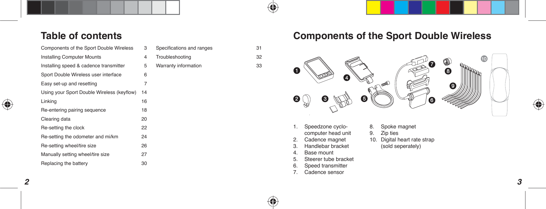 2 3Components of the Sport Double Wireless  3Installing Computer Mounts   4Installing speed &amp; cadence transmitter  5Sport Double Wireless user interface  6Easy set-up and resetting  78VLQJ\RXU6SRUW&apos;RXEOH:LUHOHVVNH\ÁRZ Linking 16Re-entering pairing sequence  18Clearing data  20Re-setting the clock  22Re-setting the odometer and mi/km  245HVHWWLQJZKHHOWLUHVL]H 0DQXDOO\VHWWLQJZKHHOWLUHVL]H Replacing the battery  30Components of the Sport Double Wireless1.  6SHHG]RQHF\FOR computer head unit2. Cadence magnet3. Handlebar bracket4. Base mount5.  Steerer tube bracket6. Speed transmitter 7. Cadence sensor 8. Spoke magnet 9. Zip ties10.  Digital heart rate strap (sold seperately)6SHFLÀFDWLRQVDQGUDQJHV Troubleshooting 32Warranty information  33Table of contents